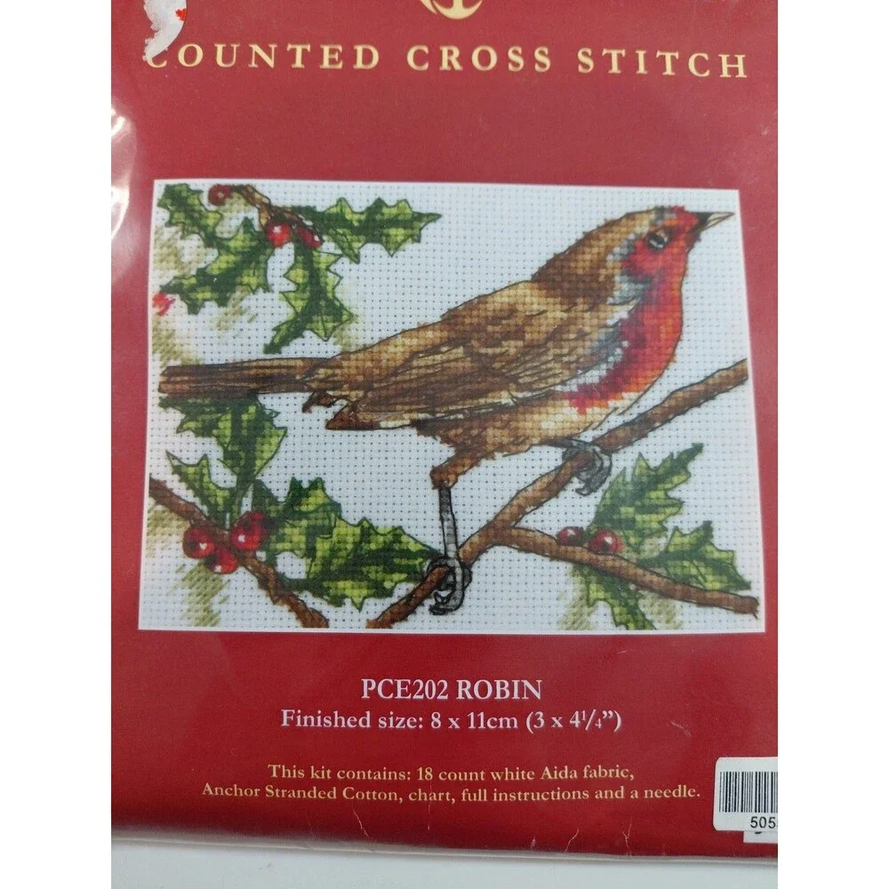 Anchor PCE202 Robin Counted Cross Stitch Kit - Bird & Holly Design, UK Made